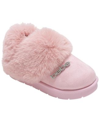 Little and Big Girls Faux Fur Microsuede Slip-On Slippers with Rhinestone Logo