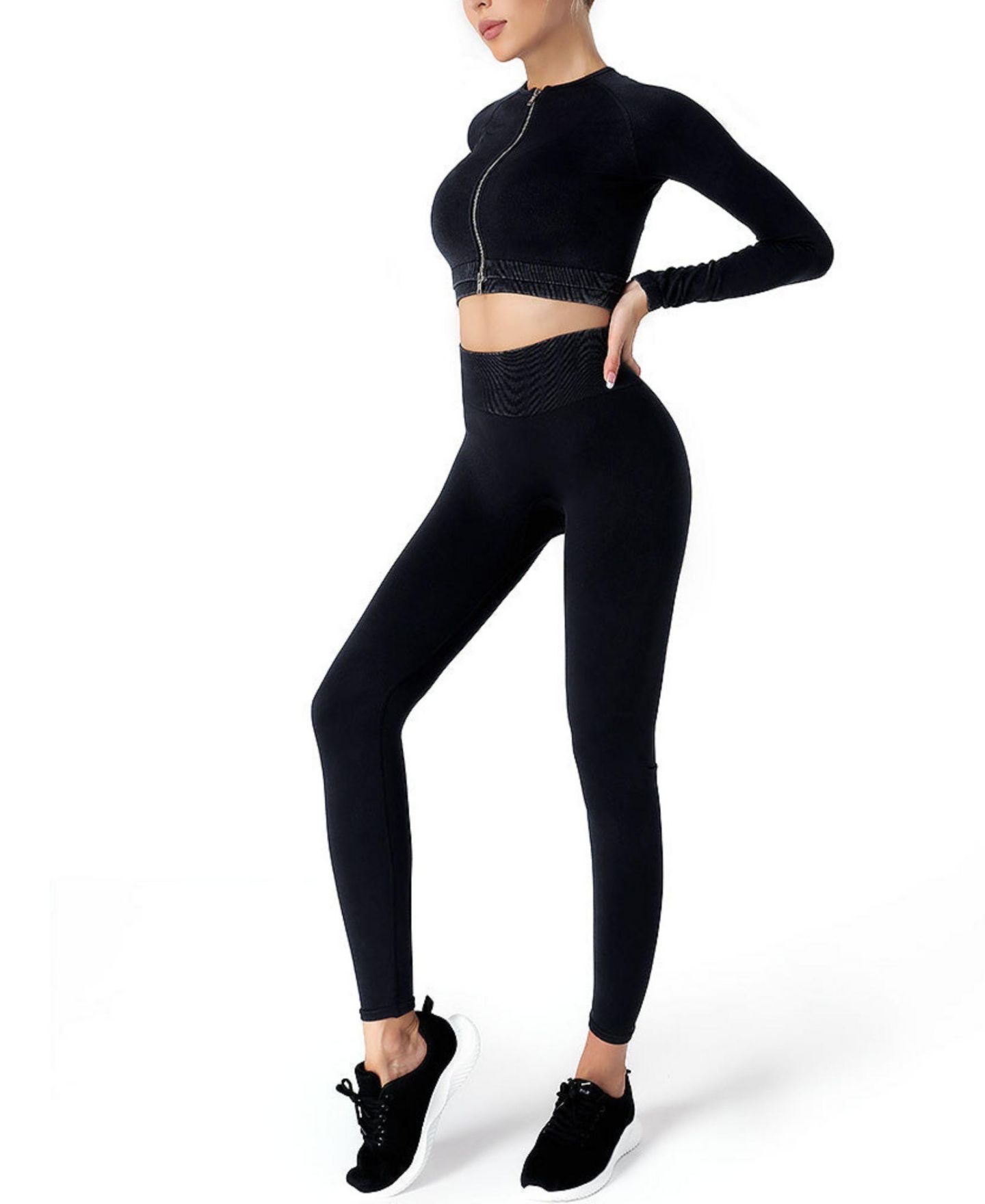 Женский комплект Sunveno High-Waist Long-Sleeve Seamless Top and Leggings, 2-Piece Set, цвет: Чёрный — фото 4