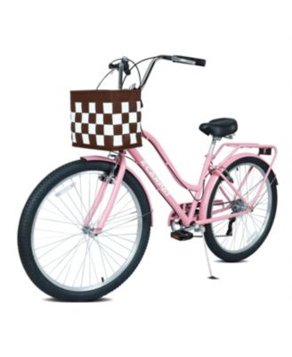 26" 7-Speed City Commuter Bike with lock, detachable basket, high-tensile steel frame, alloy wheels, and V-brakes for urban riding.