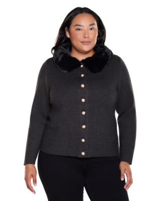 Plus Size Long-Sleeve Collared Faux-Fur Cardigan