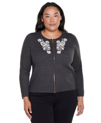 Plus Size Fitted Floral Full-Zip Cardigan