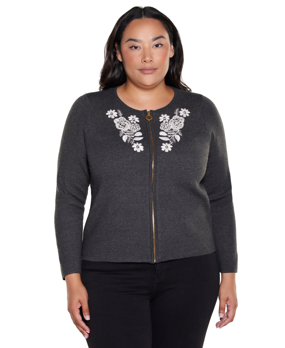 Belldini Plus Fitted Floral Full-Zip Cardigan