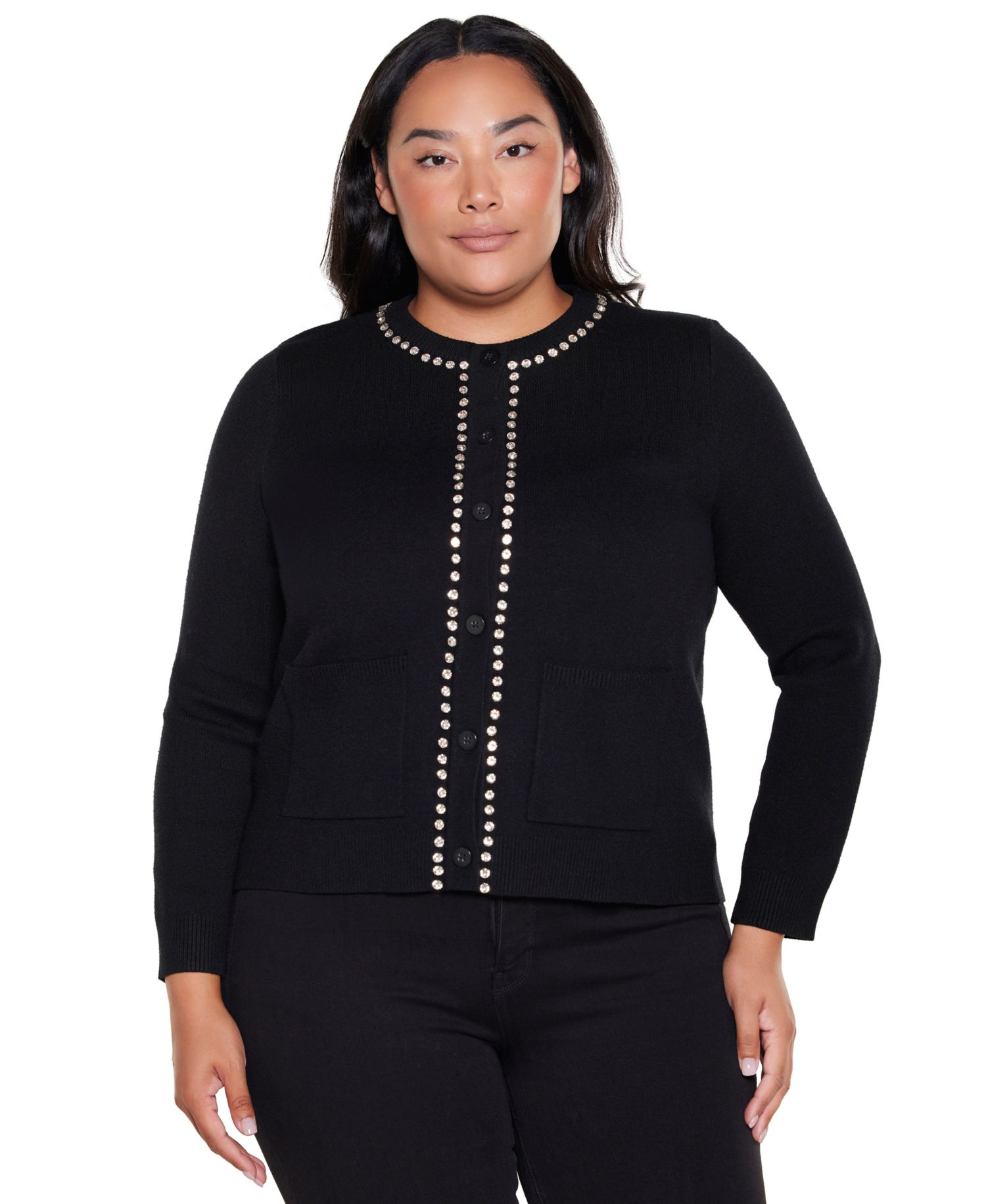 Plus Size Embellished Long-Sleeve Crewneck Cardigan Sweater