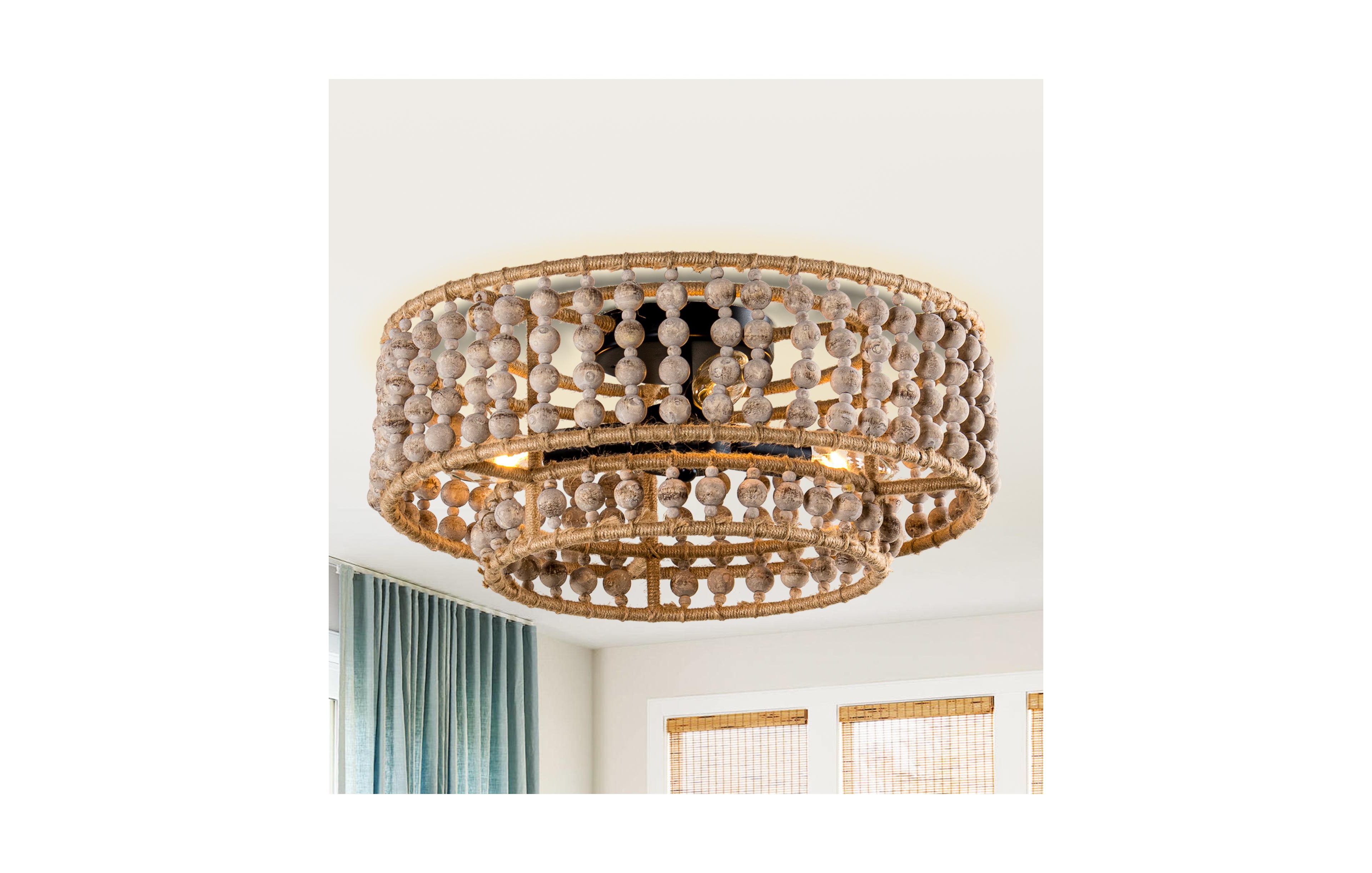 Parrot Uncle Bohemia 3-Light Antique Two-Tier Hand-Beaded Drum Flush Mount Ceiling Light