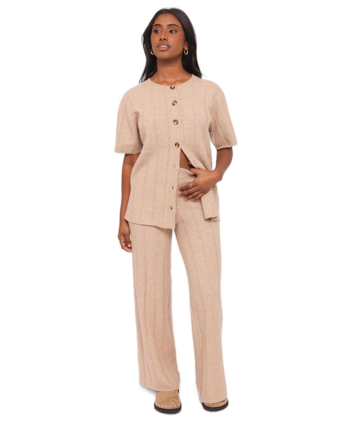 Женский комплект Petal and Pup Wallace Wide-Leg Ribbed Short-Sleeve Top and Pants, 2-Piece Set, цвет: Светлый бежевый — фото 1