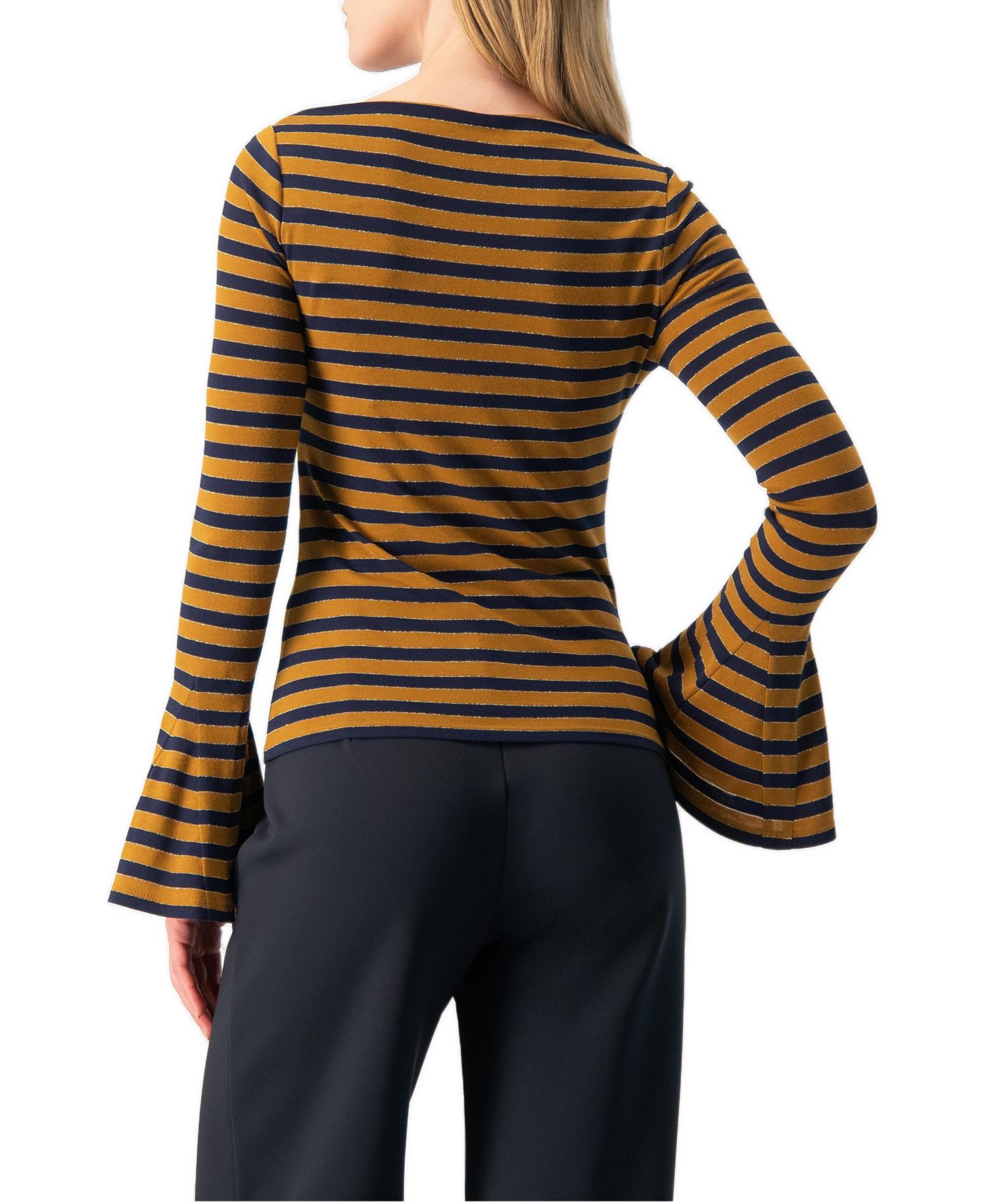 Women's Boat-Neck Bell-Sleeve Striped Blouse