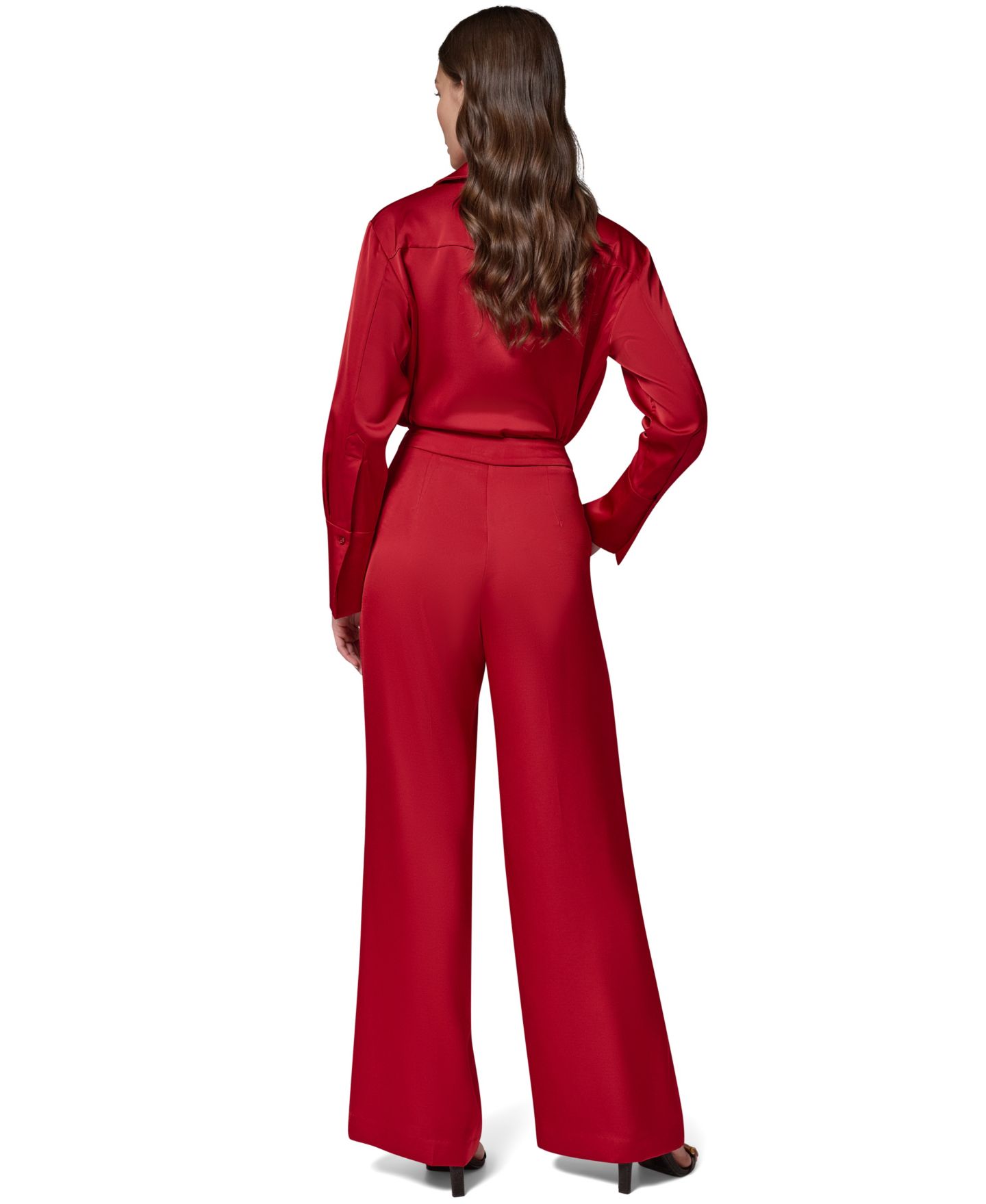 Женские широкие атласные брюки Donna Karan New York с боковой молнией, цвет: Красный бархатный — фото 8