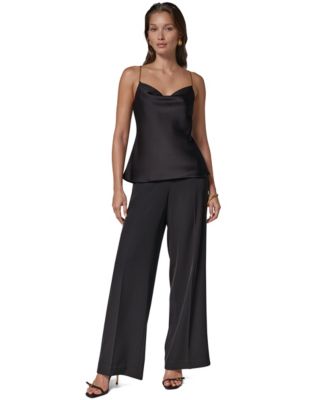 Women's Cowl Neck Sleeveless Chain-Link Straps Camisole & High-Waisted Wide-Leg Pants