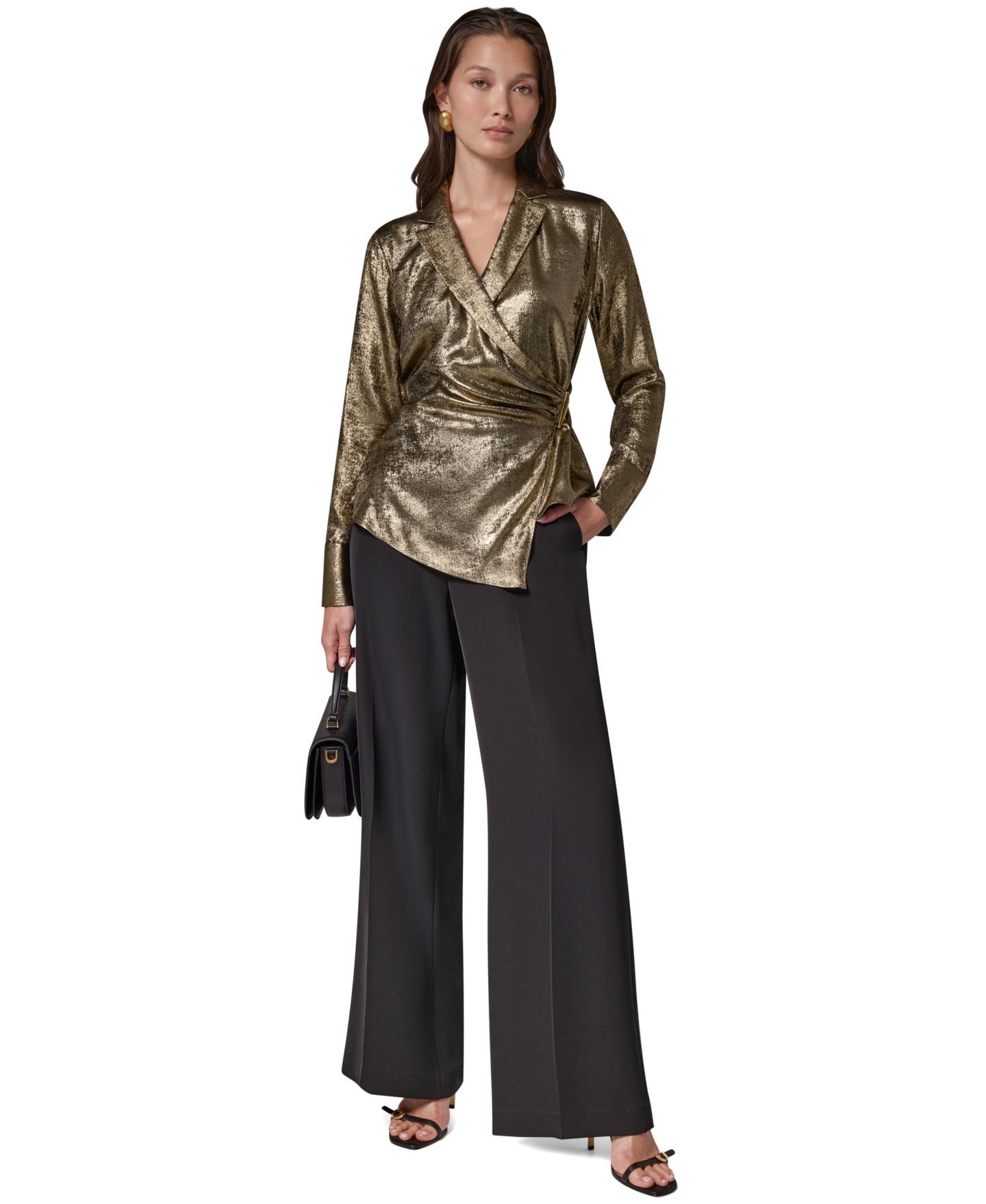 Женская блузка Donna Karan New York Long-Sleeve Asymmetrical-Hem Metallic Blouse, цвет: Золотой — фото 3