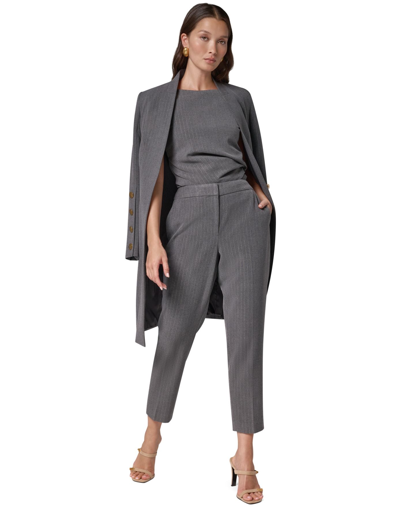 Женские узкие укороченные брюки Donna Karan New York в тонкую полоску, цвет: Светлый меланжевый серый — фото 3