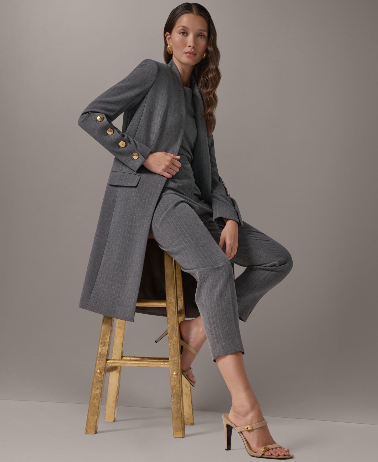 Женская удлинённая куртка Donna Karan New York в тонкую полоску на подкладке, цвет: Светлый меланжевый серый — фото 10