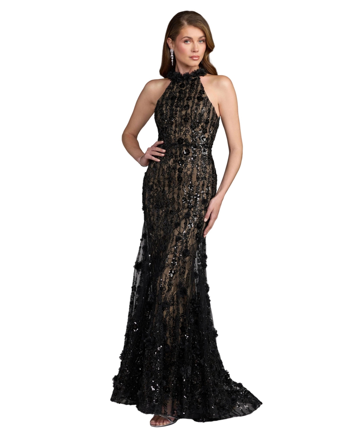 Mac Duggal Petite Floral-Print Embellished Halter Lace Gown - Black nude