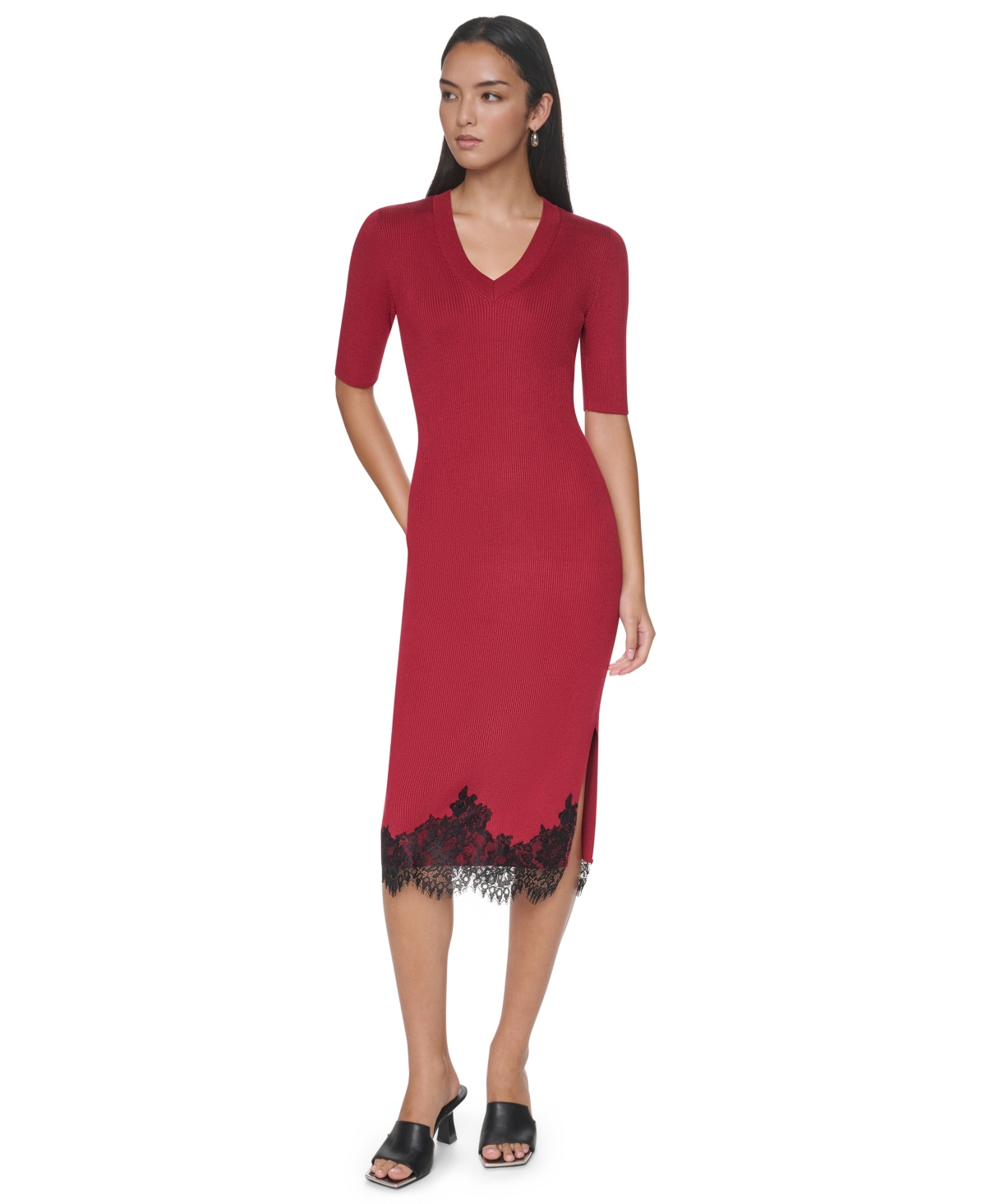 Dkny Women's Lace-Trim V-Neck Short-Sleeve Midi Dress - Cranberry