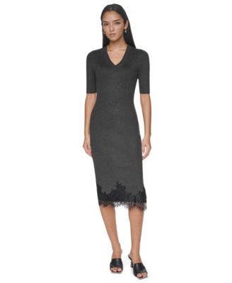 Women's Lace-Trim V-Neck Short-Sleeve Midi Dress