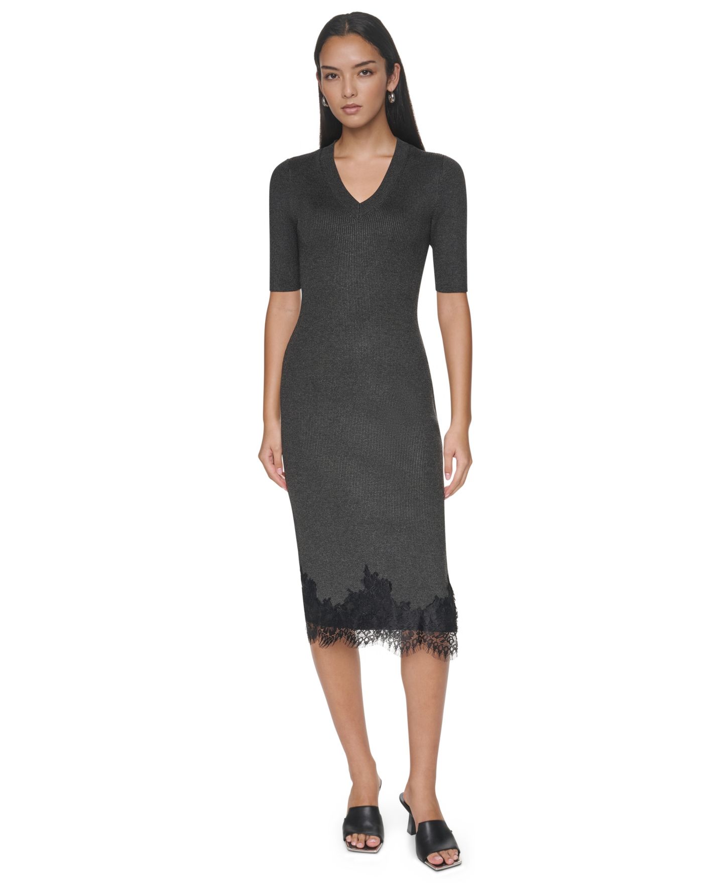 Женское платье DKNY Lace-Trim V-Neck Short-Sleeve Midi, цвет: Асфальтовый — фото 1