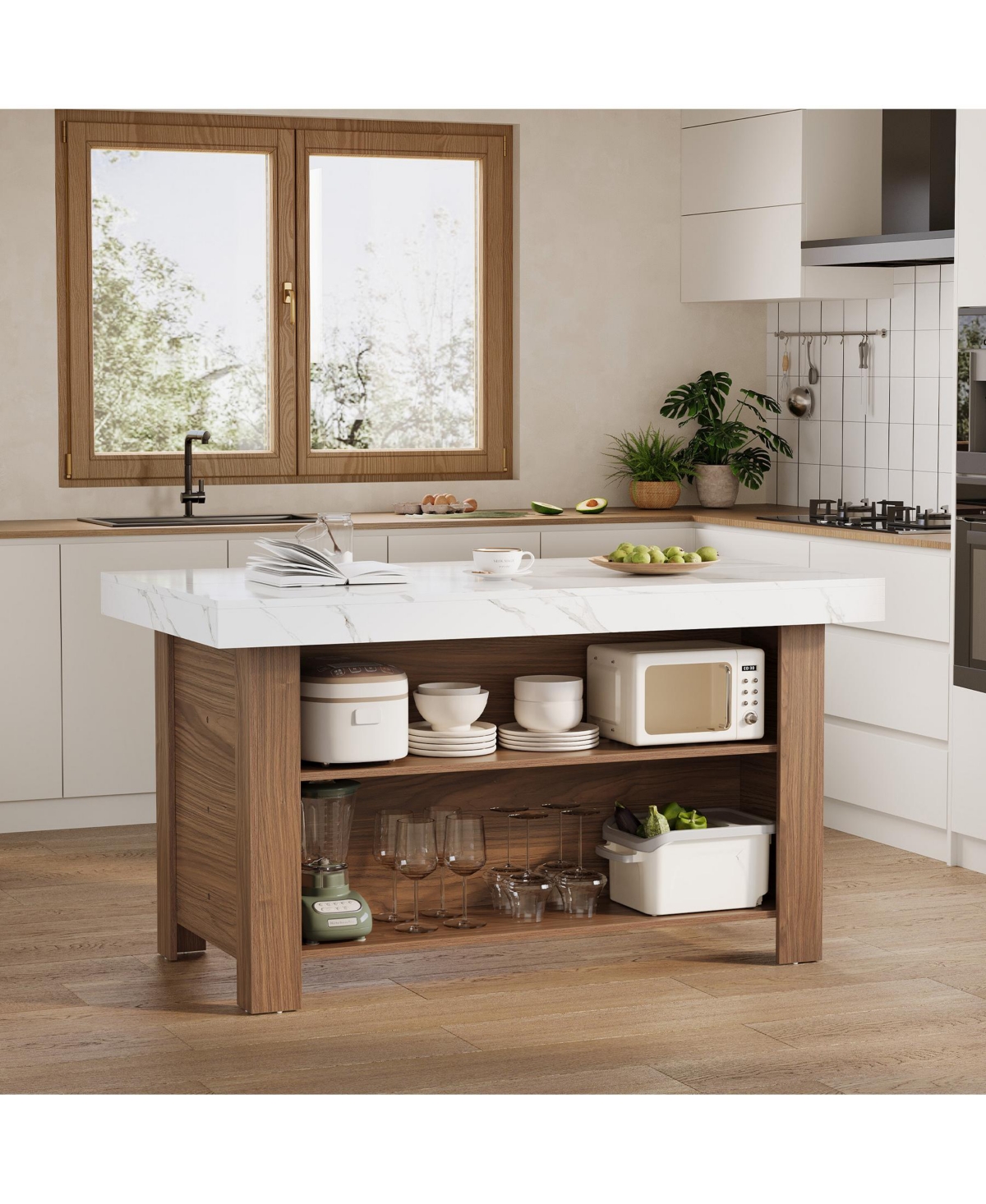 Tribesigns 3-Tier Kitchen Island with Storage, 55'' Farmhouse Wooden Stationary Table Large Worktop and Leg Room