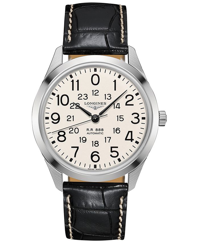 Longines Men's Swiss Automatic RailRoad Black Leather Strap Watch 40mm