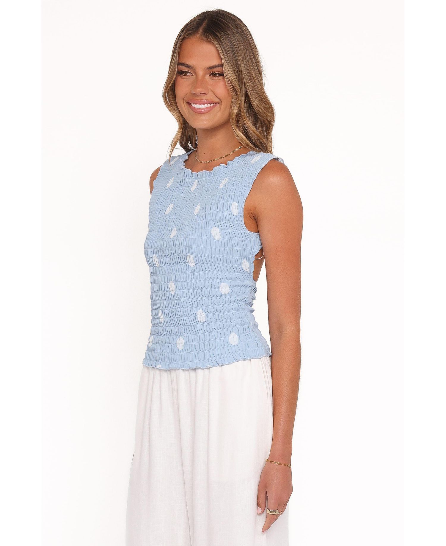 Women's Zoya High-Neck Open-Back Polka-Dot Top