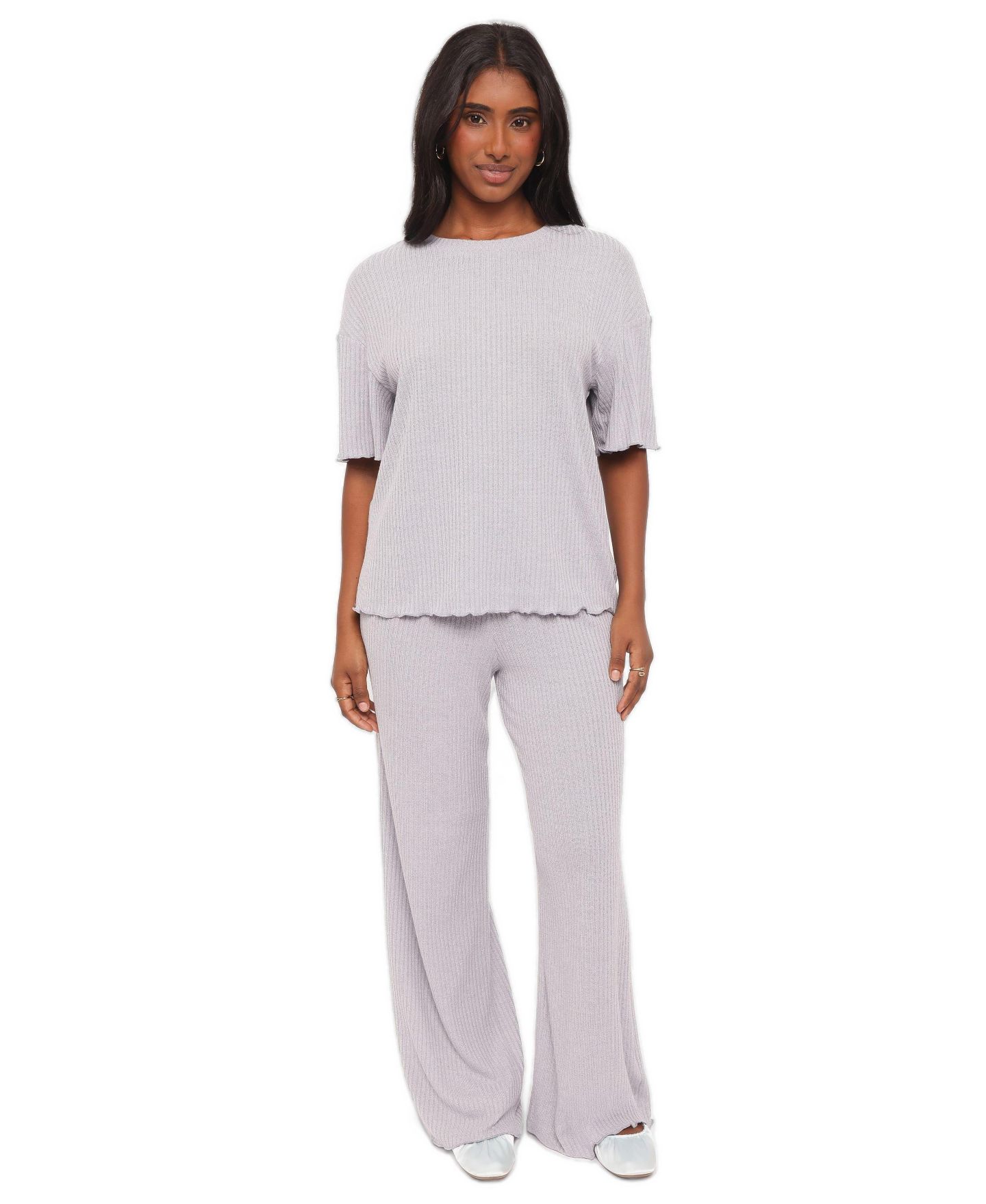 Женский комплект Petal and Pup Zenith Ribbed Short-Sleeve Crew Neck Top and Pants, 2-Piece Set, цвет: Серый — фото 1