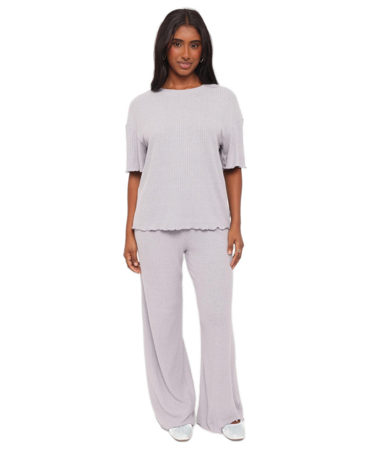 Petal and Pup Women's Zenith Ribbed Short-Sleeve Crew Neck Top Pants, 2-Piece Set
