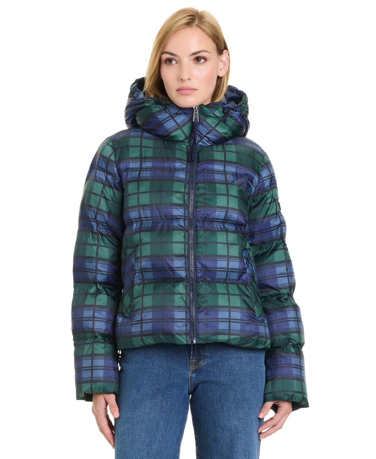 Sanctuary Women's Hooded Plaid Cropped Puffer Jacket - Green tartan plaid