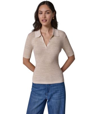 Women's Cotton Rib Elbow Sleeve Polo Sweater