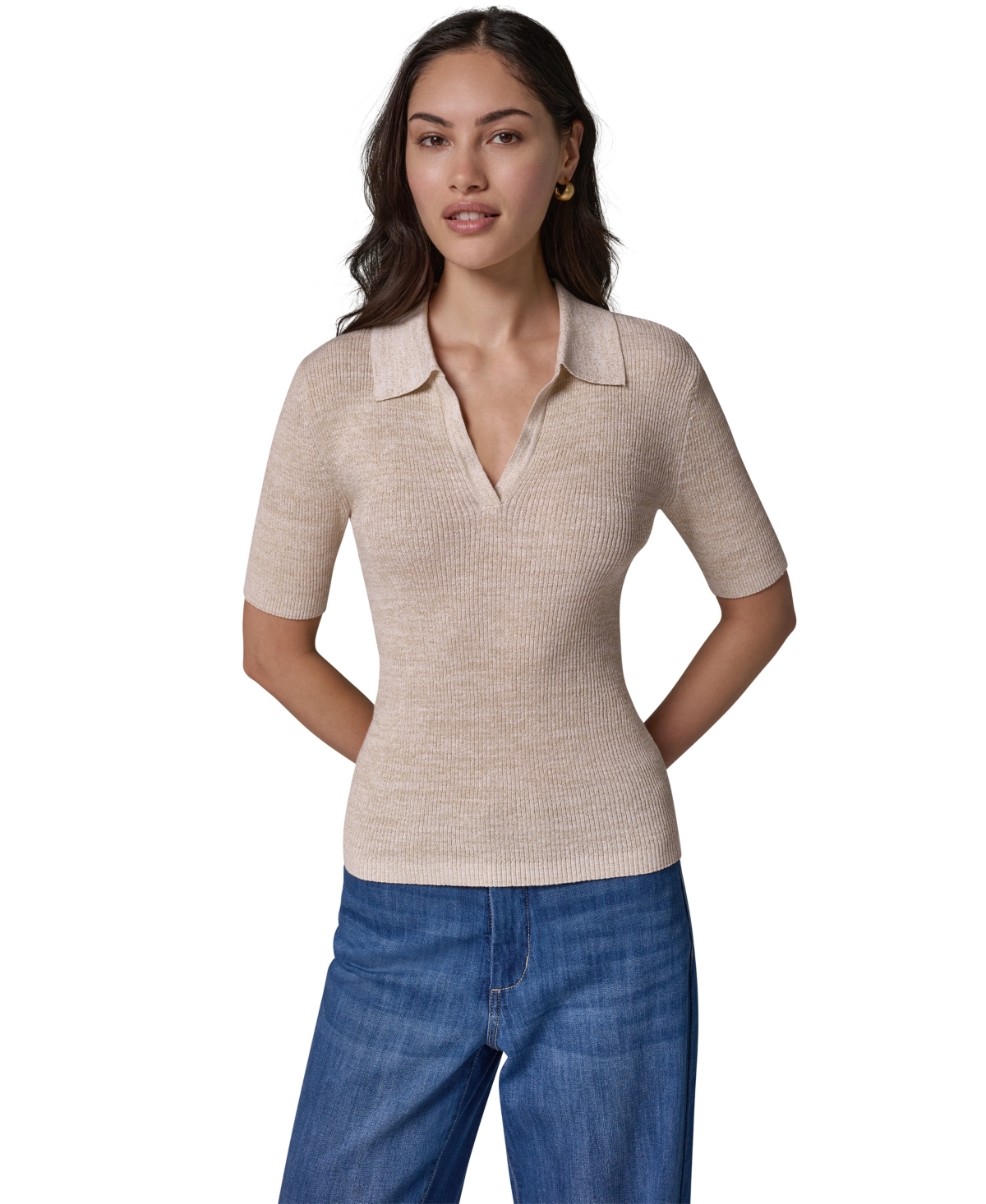 Donna Karan Weekend Women's Collared V-Neck Short-Sleeve Sweater