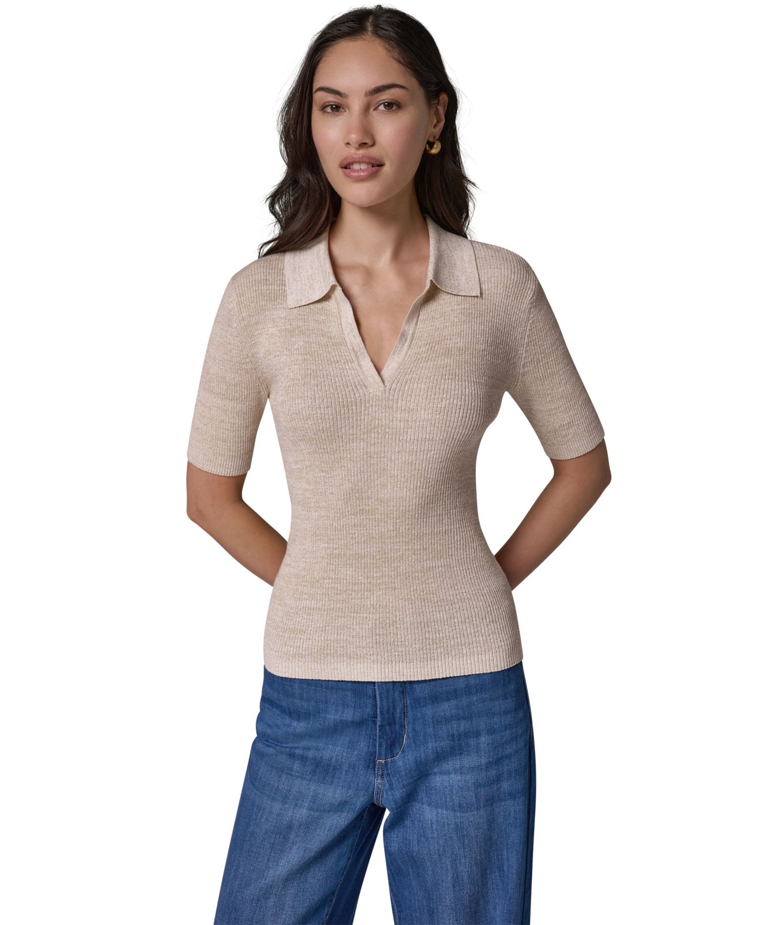 Women's Cotton Rib Elbow Sleeve Polo Sweater