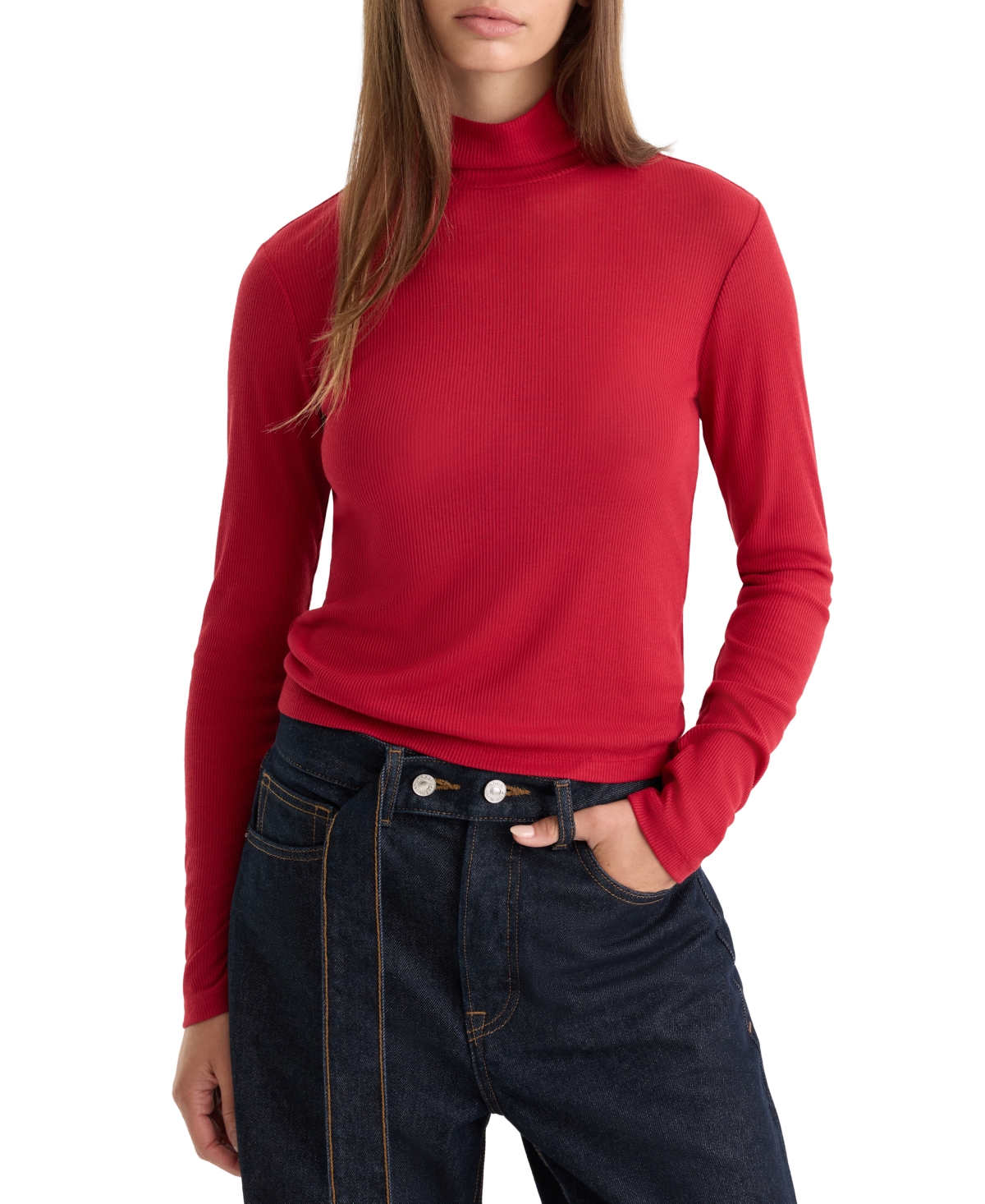 Good American Women's Sheer Ribbed Turtleneck - Carmine