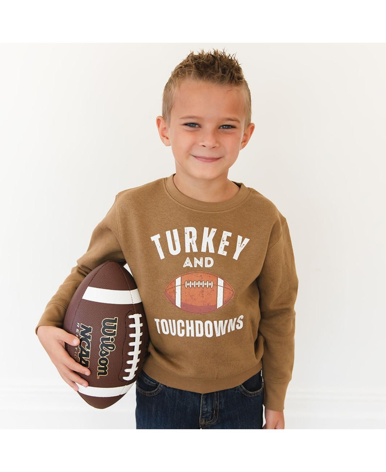 Boys' 4-20 Turkey and Touchdowns Thanksgiving Crewneck Long-Sleeve Sweatshirt
