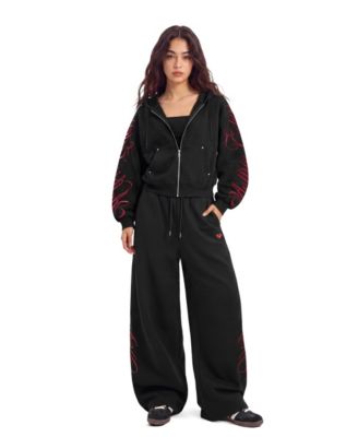 Women's Boxy Script Embroidery Hoodie and Pants, 2-Piece Set