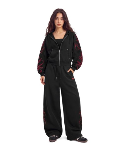 AELFRIC EDEN Women's Boxy Script Embroidery Hoodie and Pants, 2-Piece Set, цвет: Чёрный