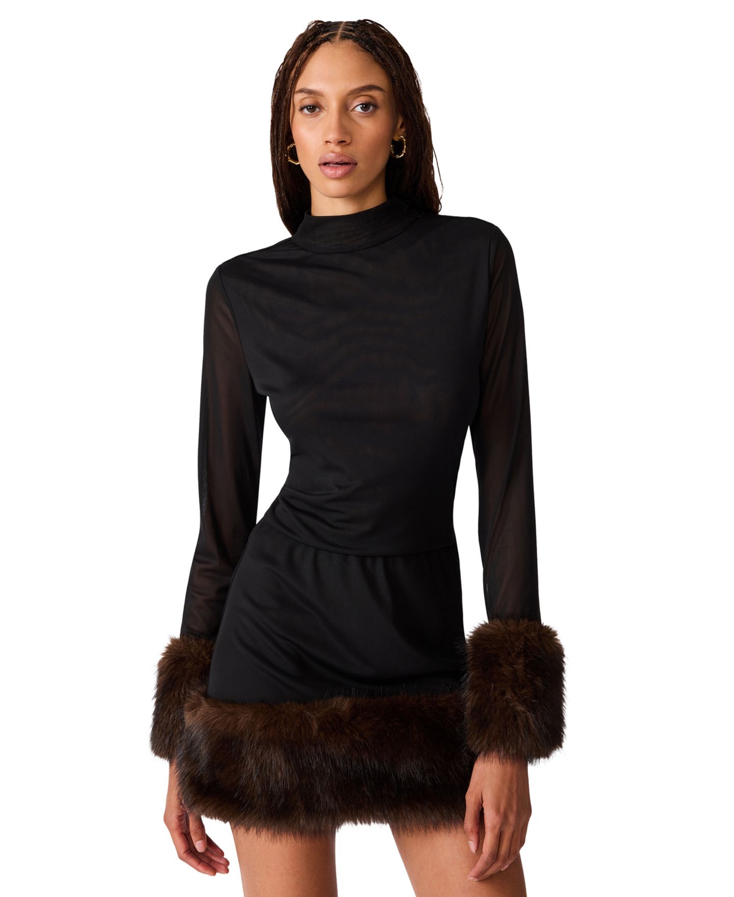Женская блузка Steve Madden Lilienne Knit Top Faux Fur Mock Neck Sheer, цвет: Чёрный — фото 5