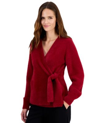 Women's Eyelash Faux Wrap V-Neck Long-Sleeve Sweater