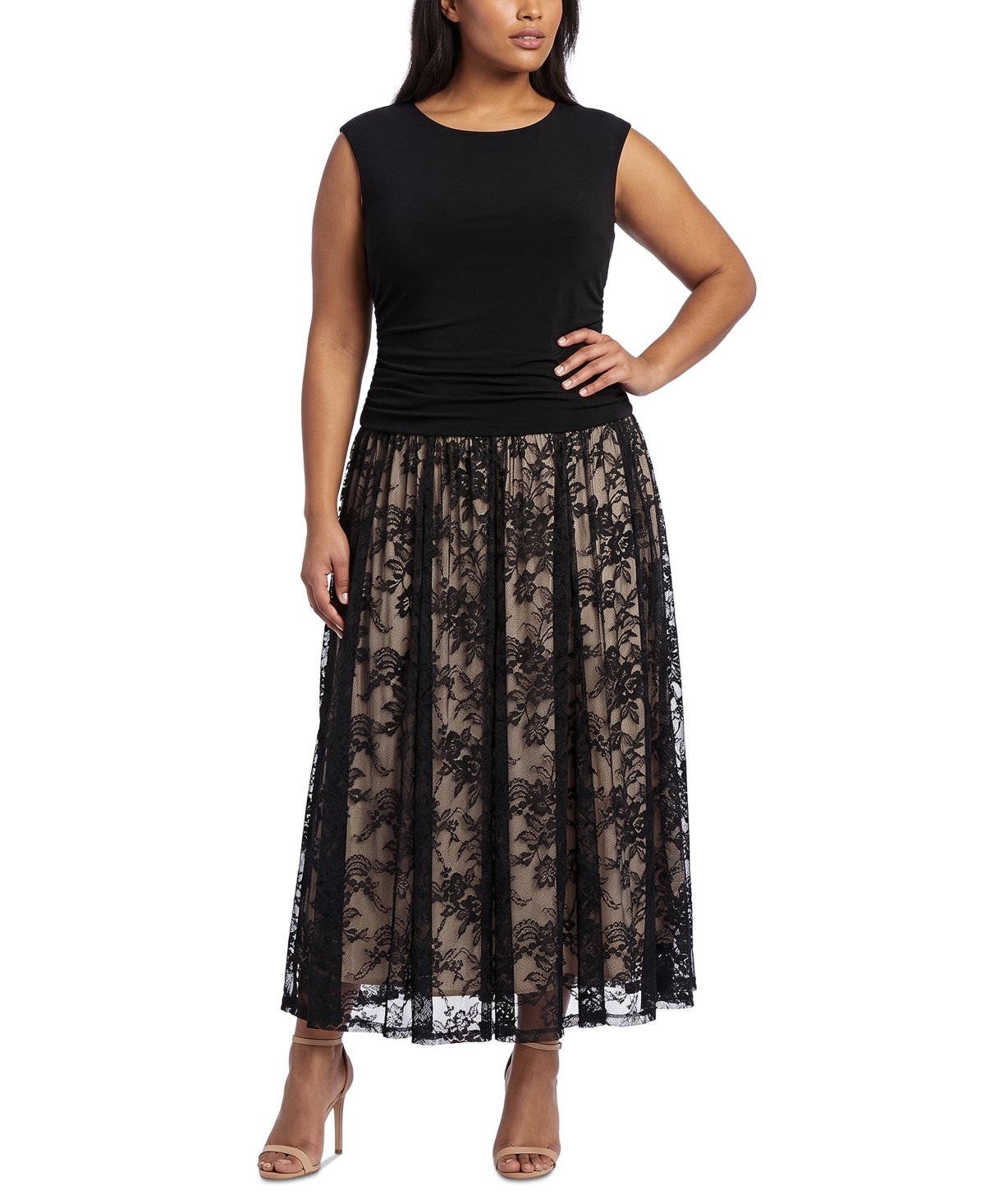 Taylor Plus Size Lace Long Floral-Print Dress - Black/nude