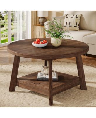 Solid Wood Round Coffee Table for Living Room, Farmhouse