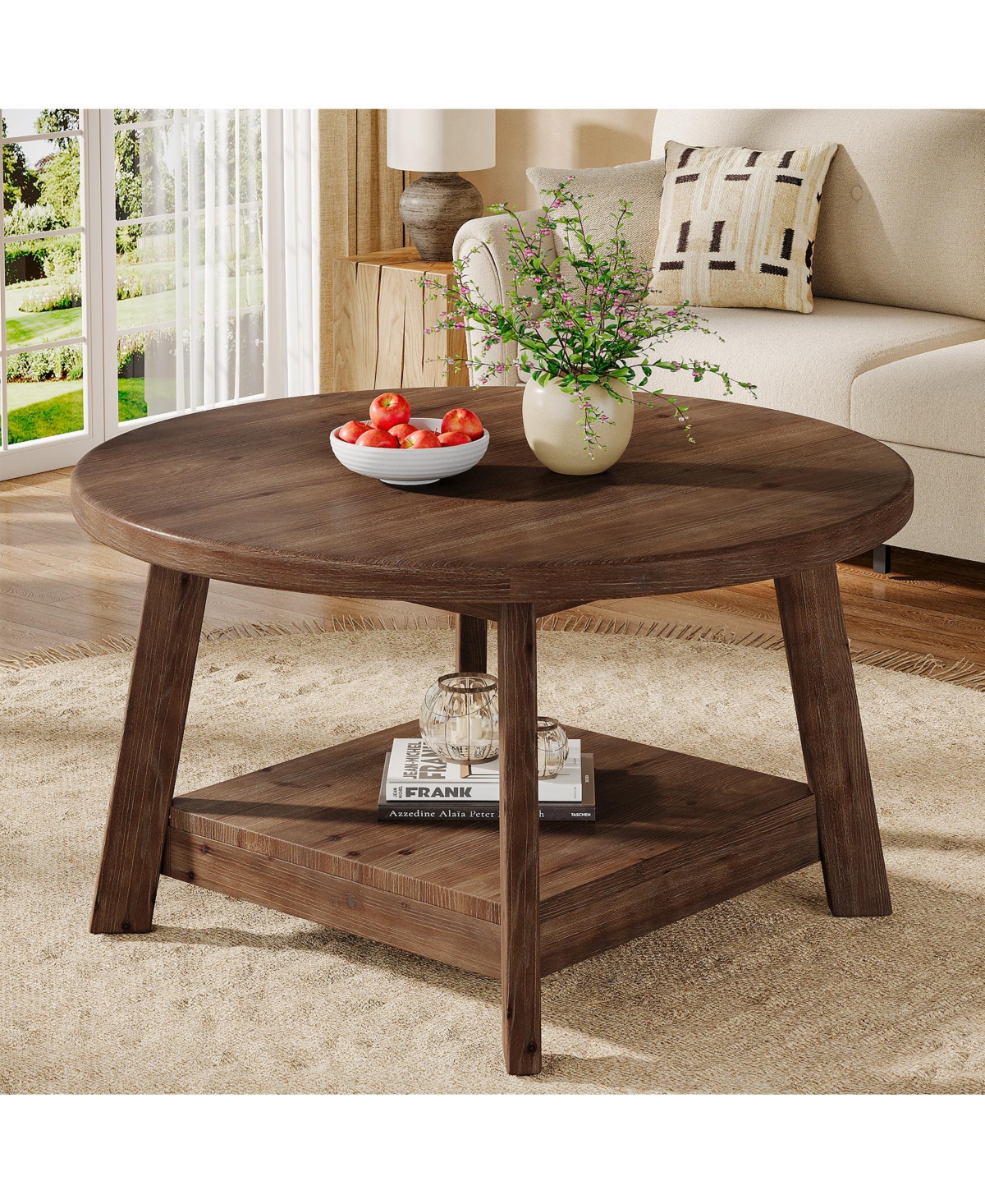 Tribesigns Solid Wood Round Coffee Table for Living Room, Farmhouse - Brown
