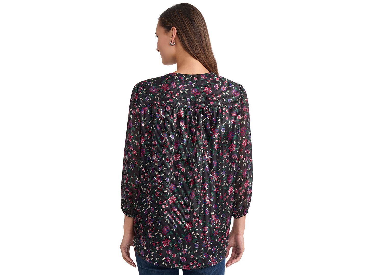 Женский топ Jones New York Petite 3/4-Sleeve Floral V-Neck Tunic, цвет: Чёрный — фото 4