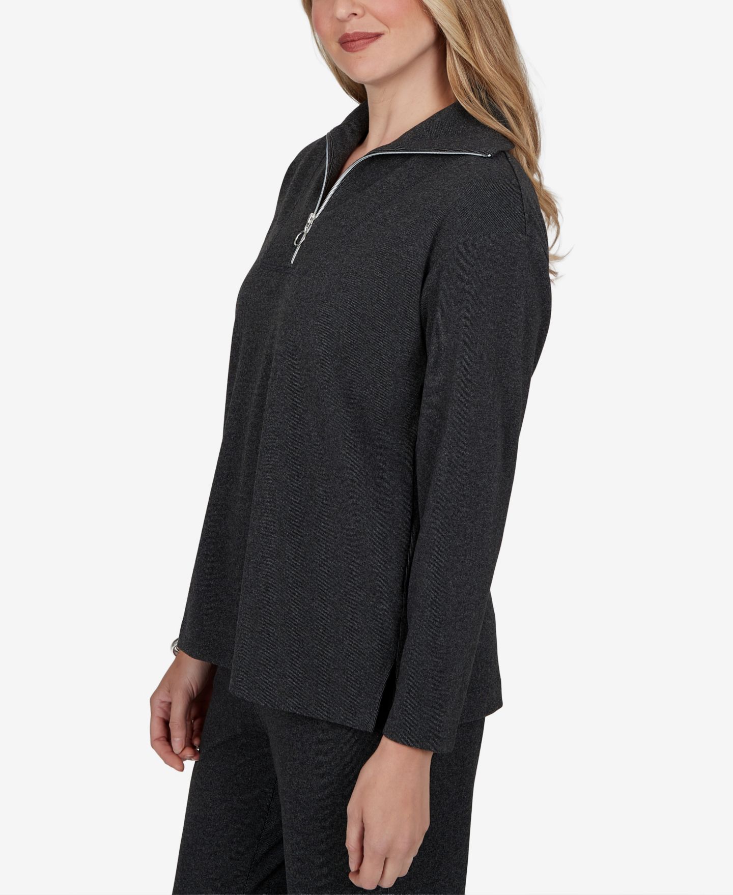 Женский топ Ruby Rd. Petite Ribbed-Knit Quarter-Zip Long-Sleeve, цвет: Угольный меланжевый — фото 3
