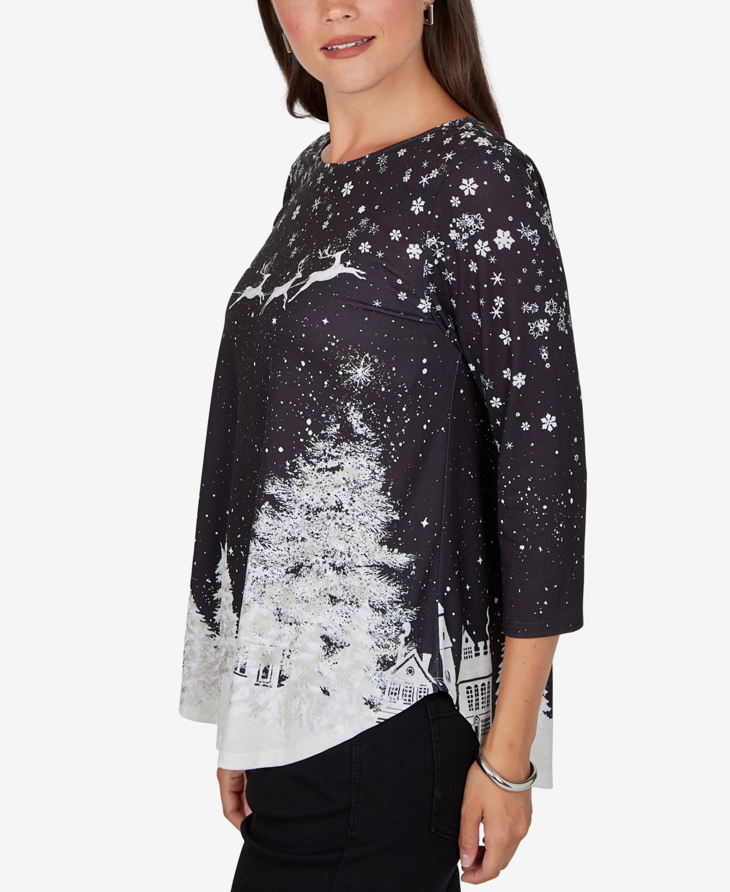 Женская футболка Ruby Rd. Petite Snowflake Holiday 3/4-Sleeve, цвет: Чёрный разноцветный — фото 3