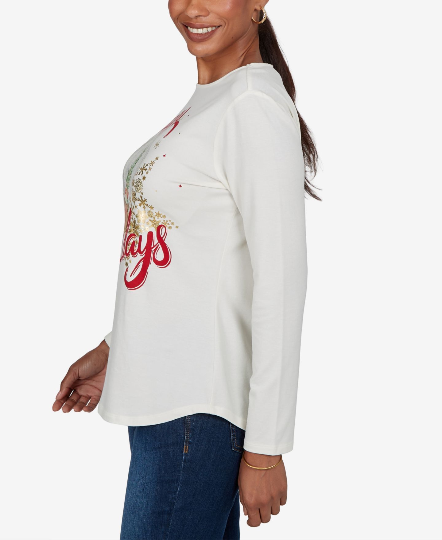 Женский топ Ruby Rd. Petite Boat-Neck Long-Sleeve Holidays, цвет: Слоновая кость разноцветный — фото 3