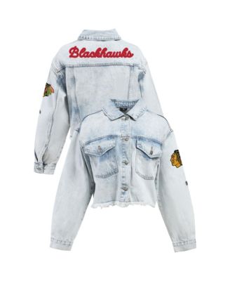 Women's Denim Chicago Blackhawks Chenille Raw Edge Cropped Full-Button Jean Jacket