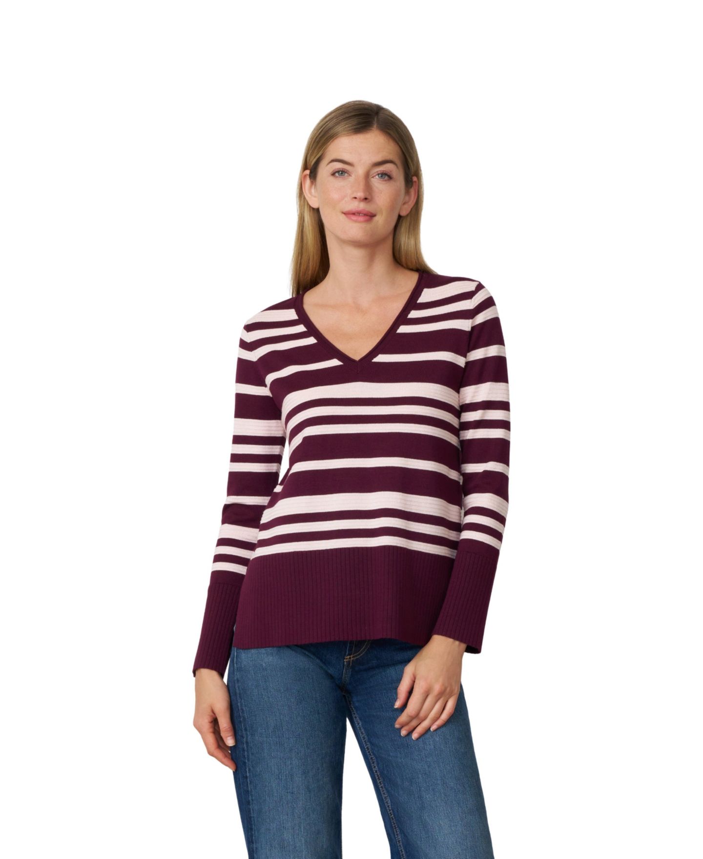 Женский свитер Cable & Gauge Textured Stripe V-Neck Long-Sleeve, цвет: Розовый — фото 1