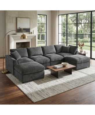 130.3" 6-Seater Modular Chenille Sectional Sofa with 2 Ottomans