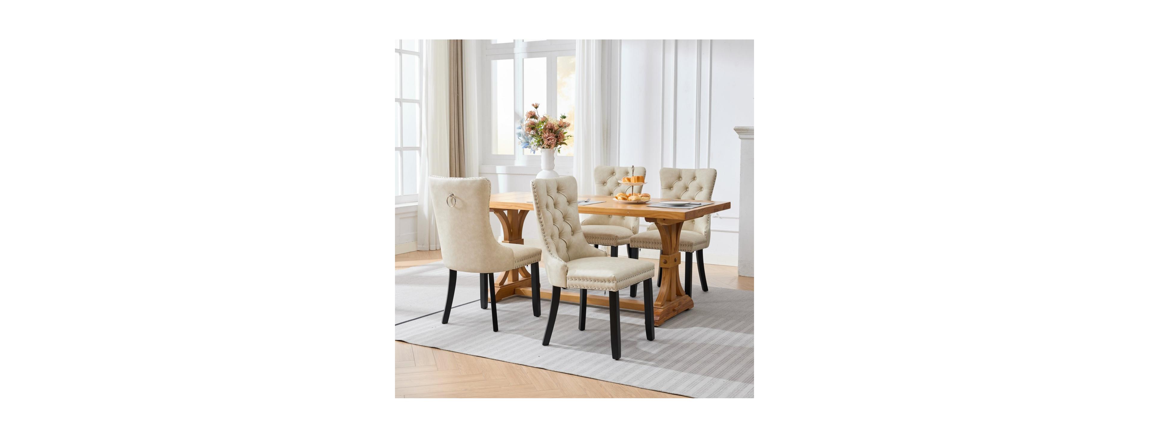 Maison Boucle Upholstered Dining Side Chairs Set of 4, Faux Leather, Nailhead Trim, Solid Wood Frame
