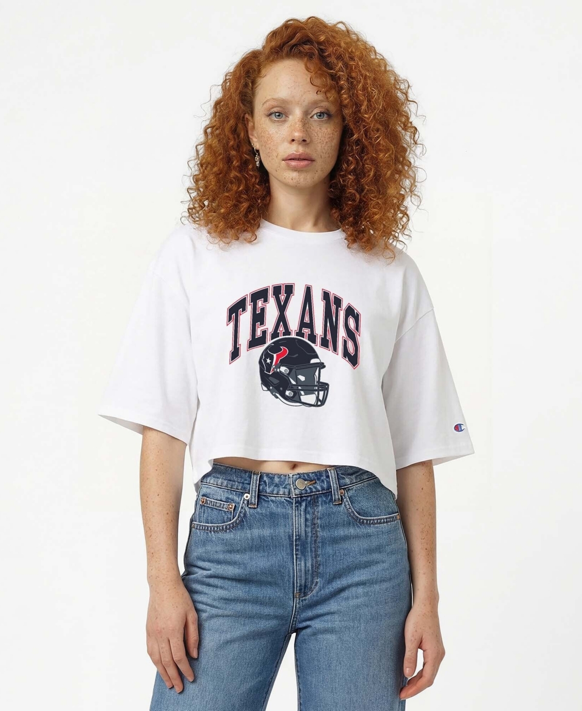 Champion Women's Houston Texans Boyfriend Screen Print Cropped T-Shirt