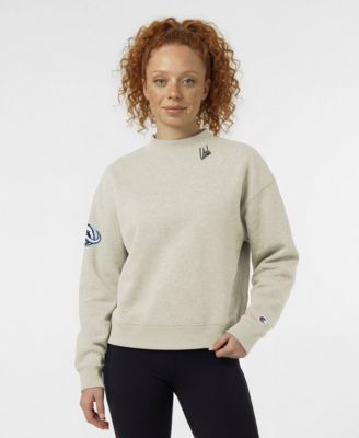 Women's  Oatmeal Utah Mammoth Collar Script Triumph Fleece Crewneck Sweatshirt