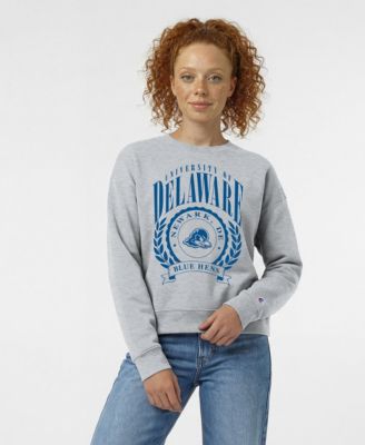 Women's  Heather Gray Delaware Fightin' Blue Hens Academic Crest Powerblend Crewneck Sweatshirt