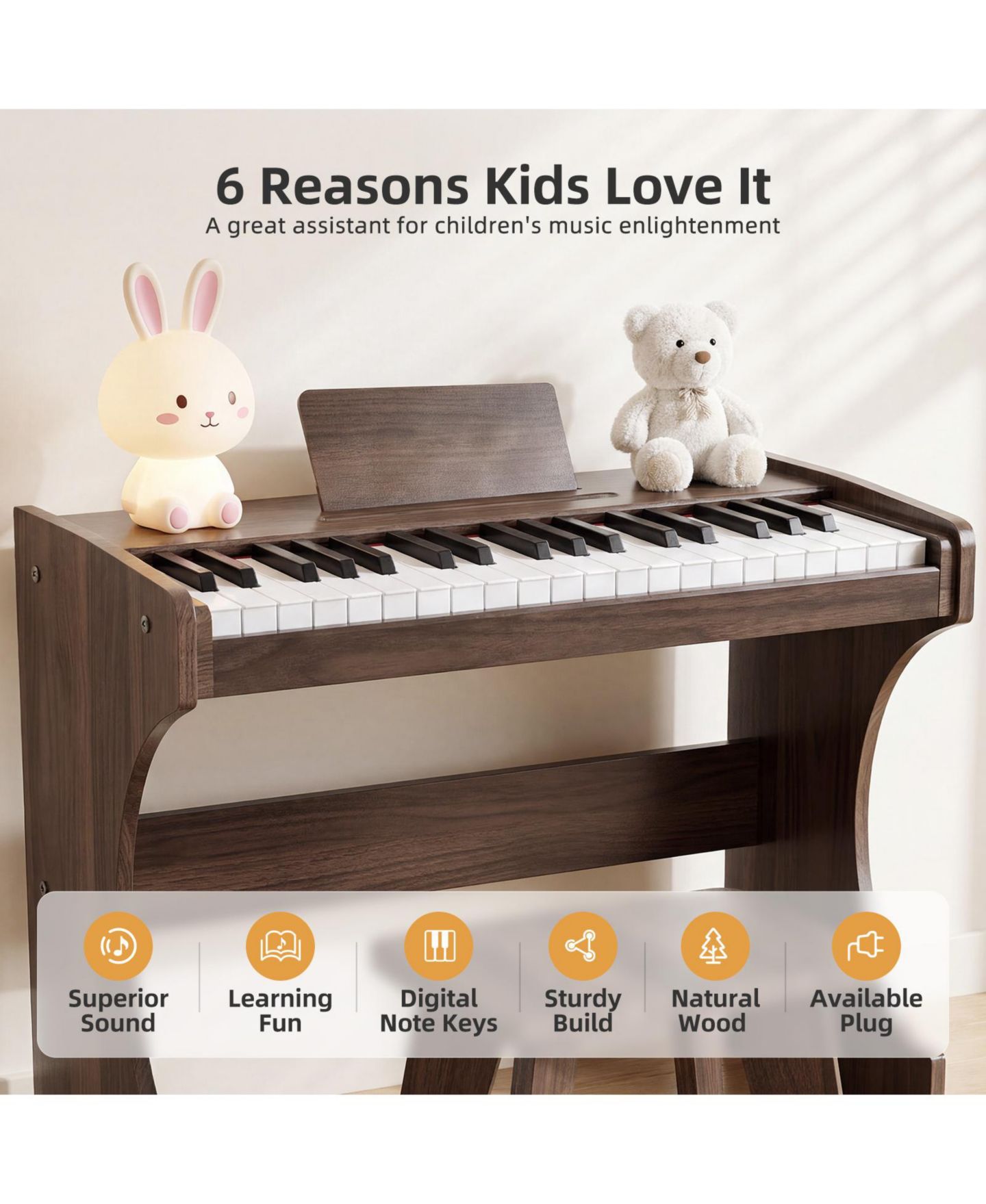 Детские игрушки SUGIFT 37-Key Wood-Grain Kids Piano with Bench, 2-Piece Set, Ages 3+, цвет: Коричневый — фото 5