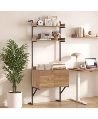 Tall Ladder Bookshelf with Cabinet, Narrow Wall Shelf with Push-to-Open Doors